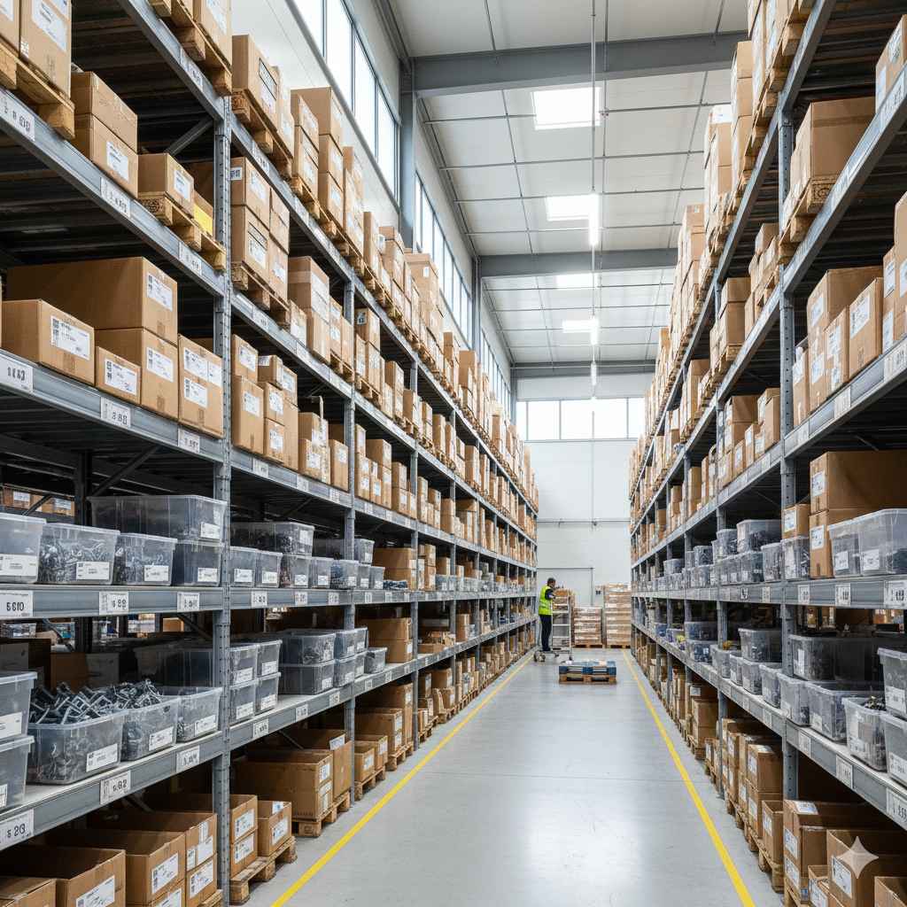 Inventario de repuestos para buses organizado en almacén industrial, cajas etiquetadas, iluminación natural, 8K, 16:9