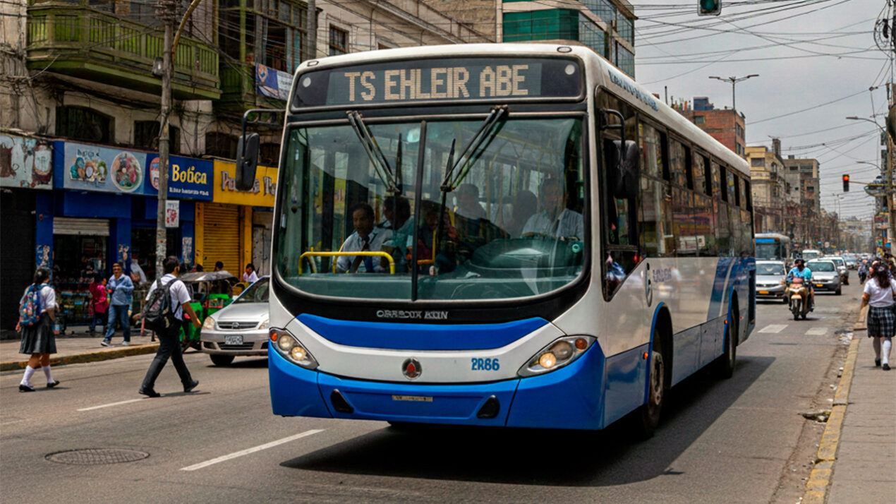Bus urbano moderno circulando por una calle concurrida de Lima, Perú, durante el día. El bus es de color azul y blanco, diseño realista, en perfecto estado, con pasajeros visibles a través de las ventanas. La escena muestra edificios urbanos típicos de Lima, postes de luz, semáforos y comercio local. Tráfico moderado, peatones caminando por la vereda y cielo parcialmente nublado característico del clima limeño. Fotografía hiperrealista, iluminación natural, alto nivel de detalle, enfoque cinematográfico, resolución alta, estilo fotografía profesional.