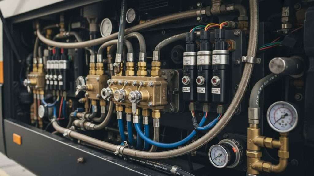 Componentes neumáticos integrados en buses interprovinciales.